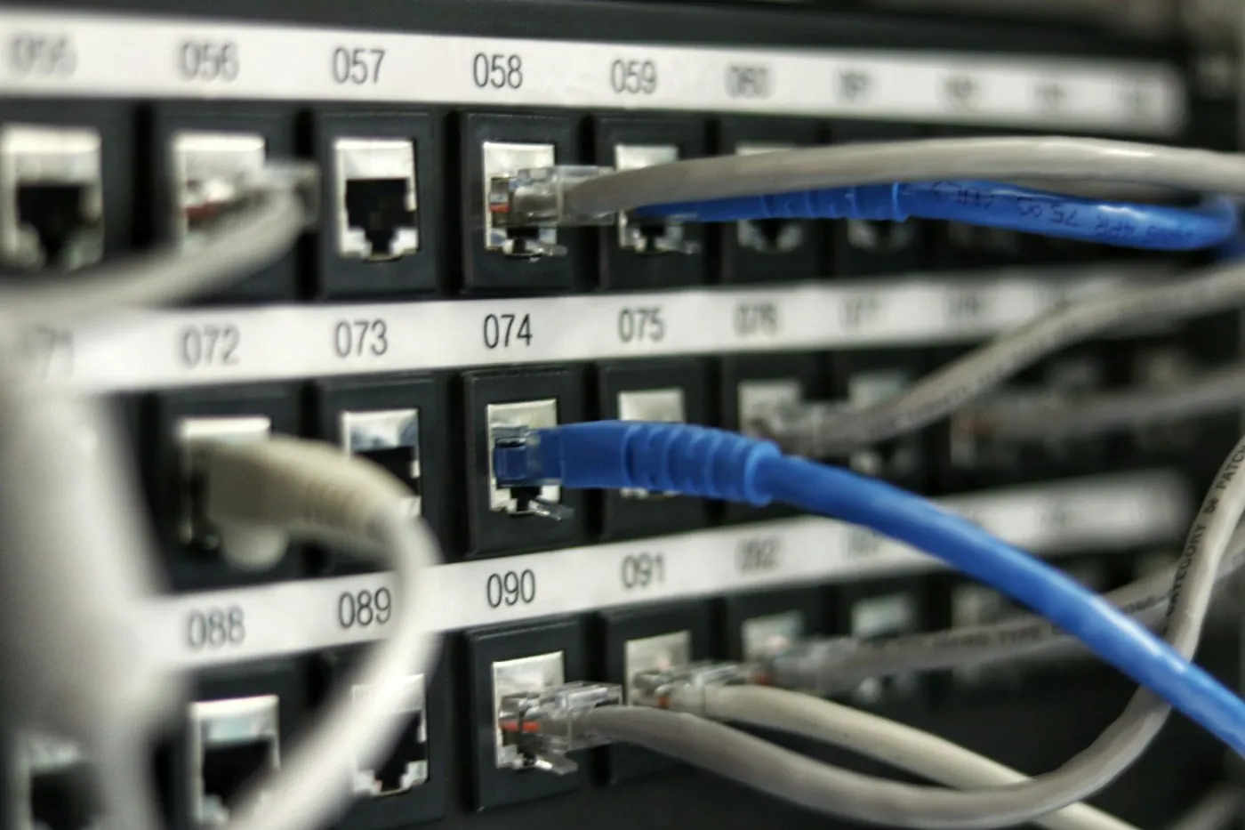 Patch panel com portas numeradas e cabos identificados